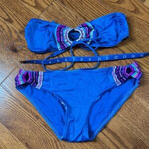 Vintage 80s Blue Bandeau Bikini Set with Multicolor Stripe Accents - Women Swim